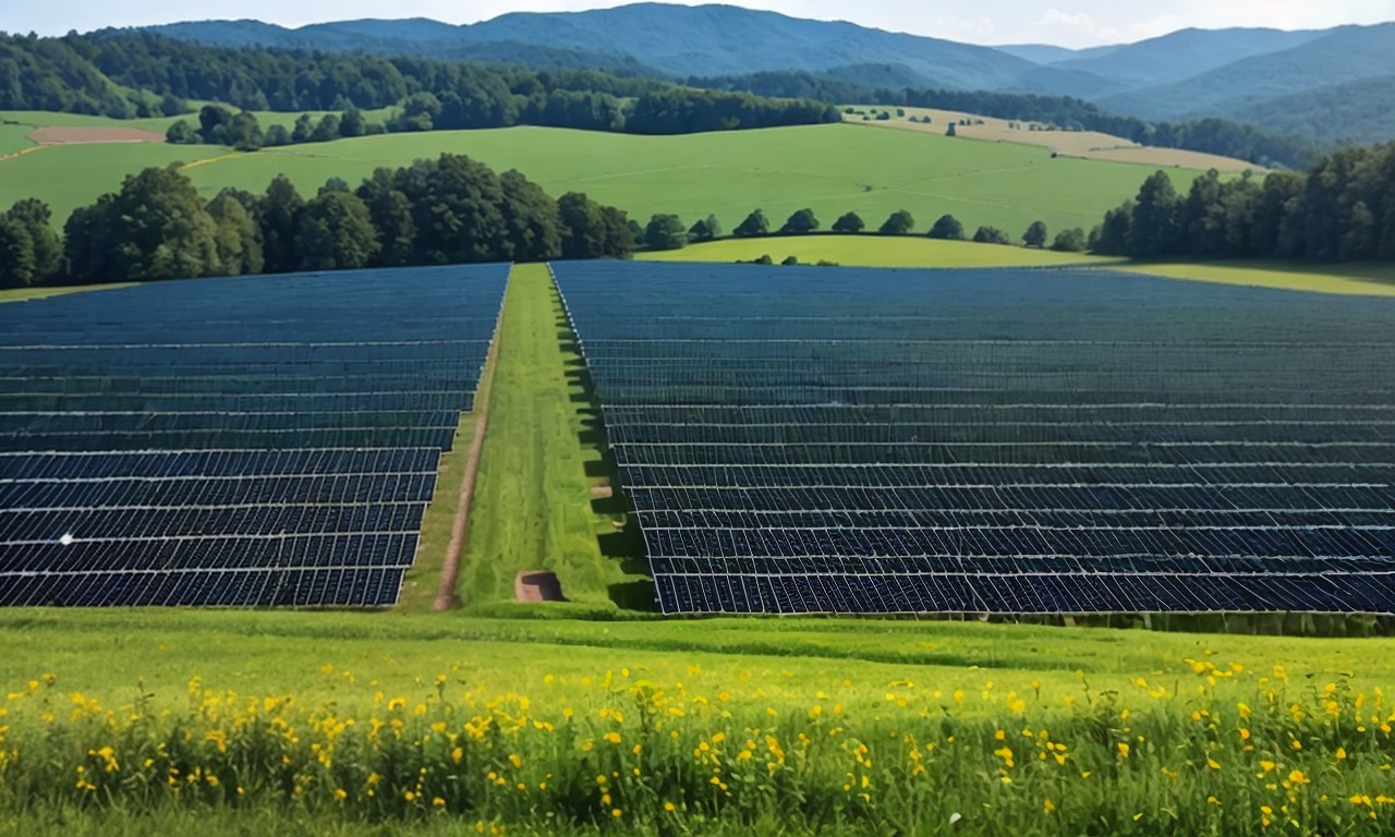 Solarpark am Hang: Modulreihen vor bewaldeten Hügeln